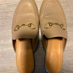Gucci Women's Beige Leather Mules with Gold Hardware